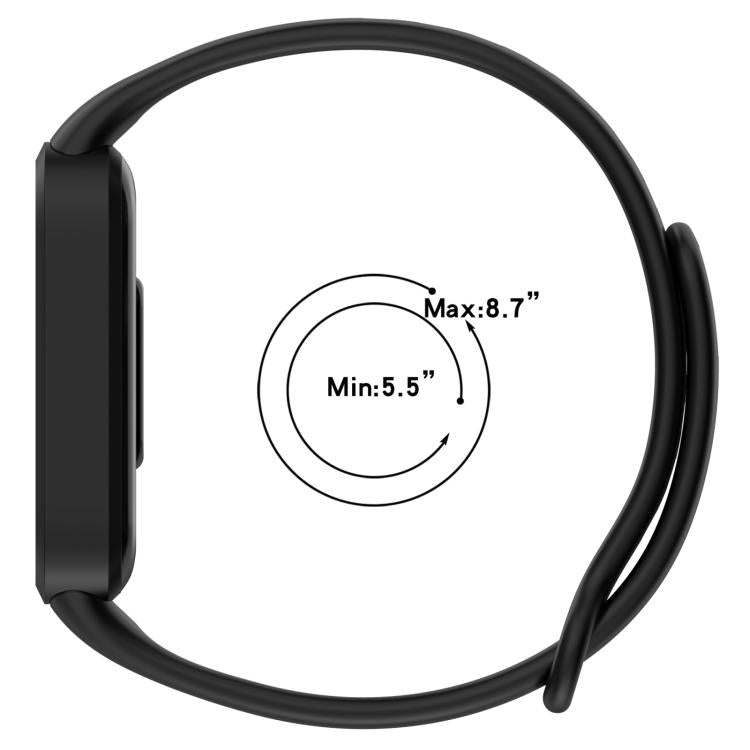 Black silicone watch band shown from the side with wrist size range of 5.5 to 8.7 inches