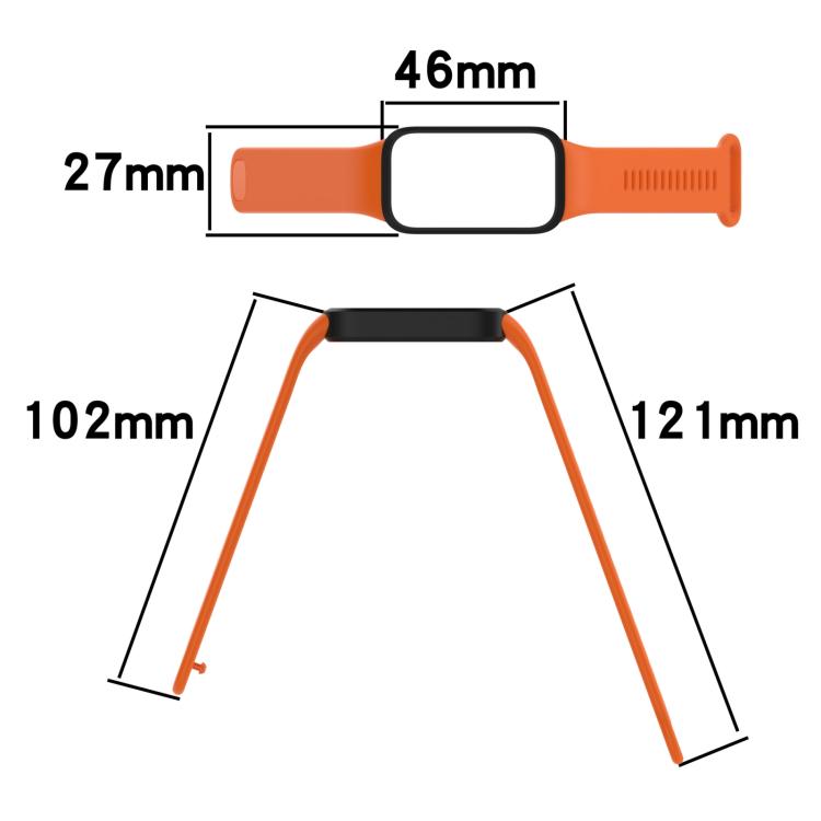 Orange and black silicone watch band with integrated tracker slot, shown with dimensions