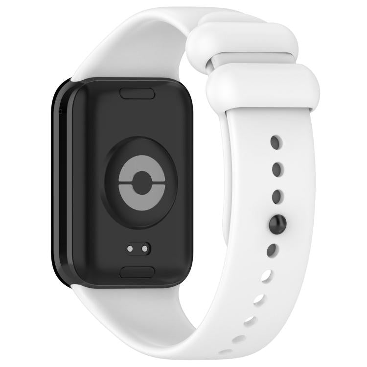 White silicone smartwatch band with buckle and adjustment holes, shown from the back