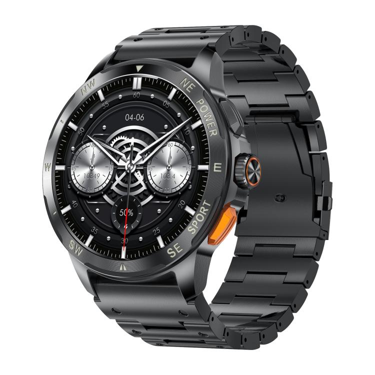 AK77 BT smart watch with black metal link band and round analog-style display