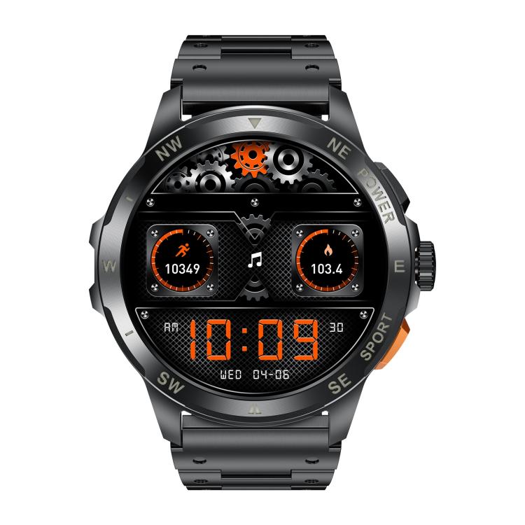 AK77 BT smart watch, front view with black metal band and orange digital display