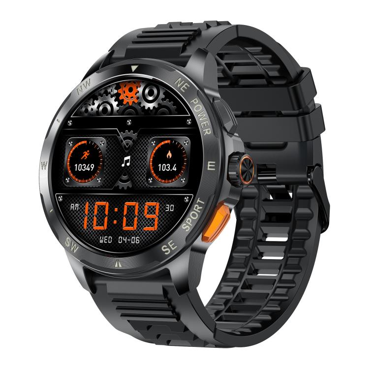 AK77 smartwatch with black band, digital dial and orange side button