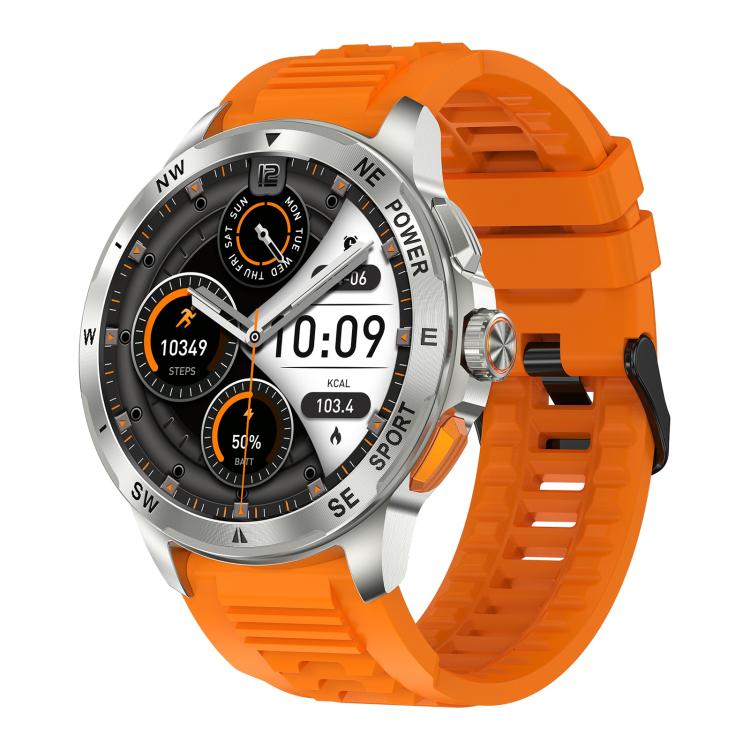 AK77 BT smart watch with orange silicone band and silver case