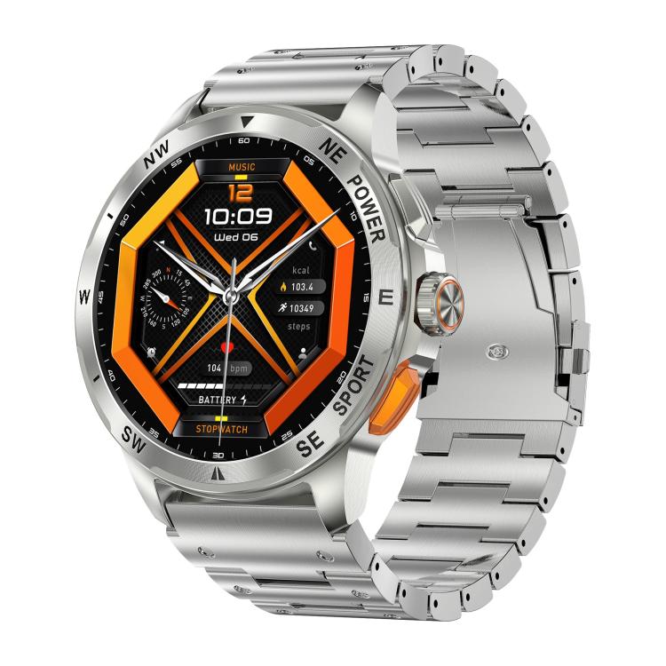 AK77 BT smart watch with silver metal band and orange-accented display