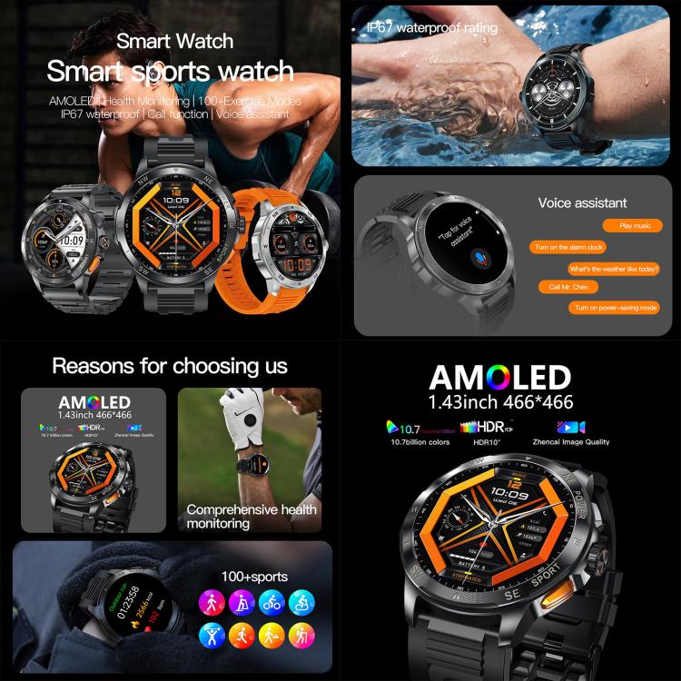 AK77 BT smart watch collage showing styles, health tracking, sports modes, and voice assistant