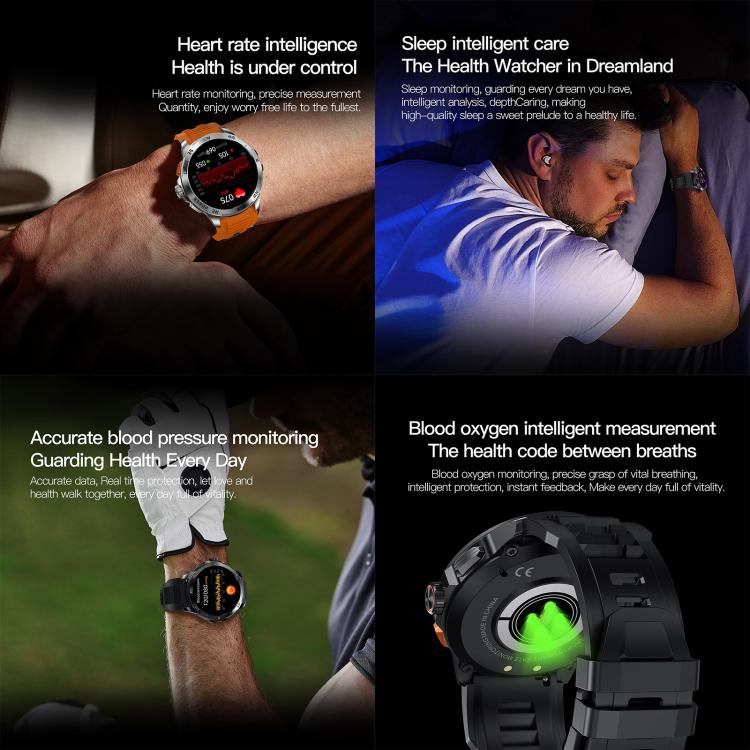 AK77 BT smart watch collage highlighting heart rate, sleep, blood pressure, and oxygen tracking