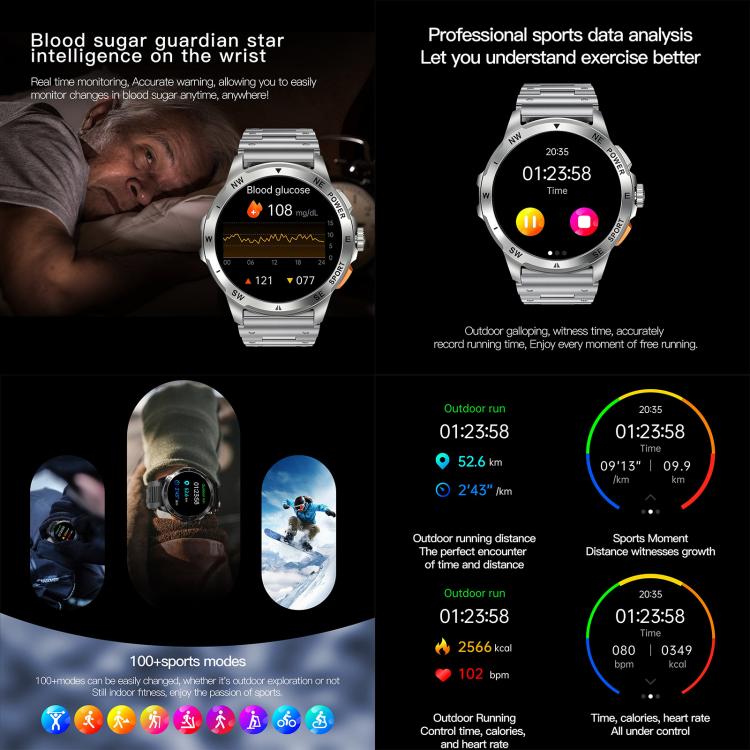 AK77 BT smart watch collage showing blood glucose readings and sports tracking features