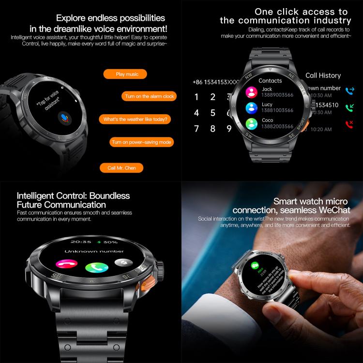 AK77 BT smart watch collage showing voice assistant, contacts, calls, and messaging features