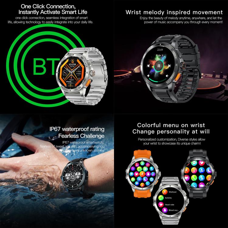 AK77 BT smart watch collage showing Bluetooth, music control, water resistance, and colorful menus