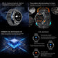 AK77 smartwatch with black steel band, weather display, customizable dials and health features