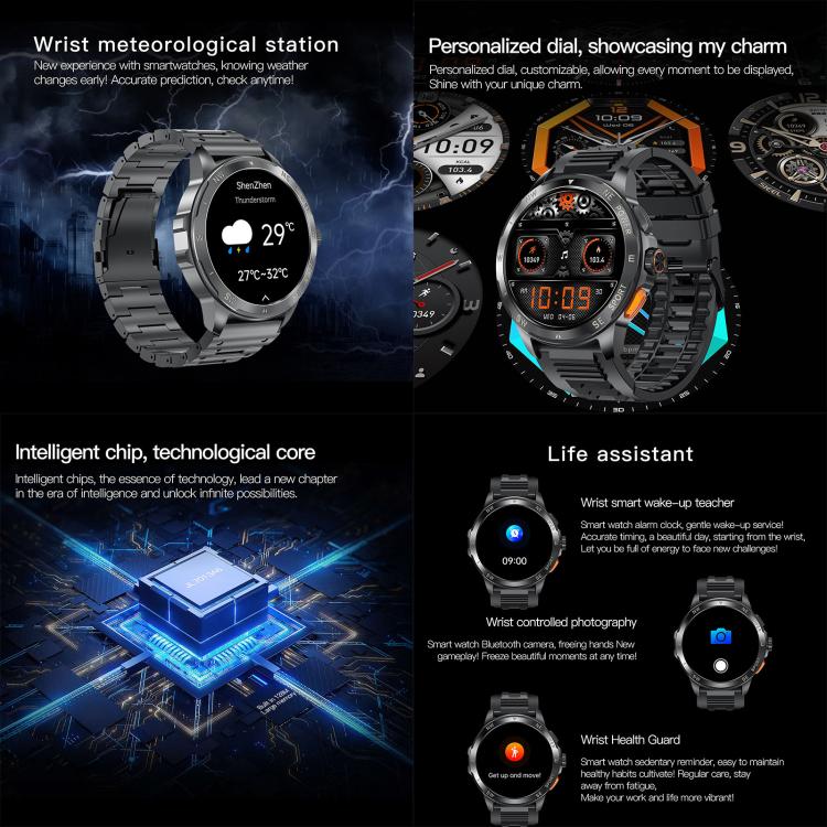 AK77 smartwatch with black steel band, weather display, customizable dials and health features