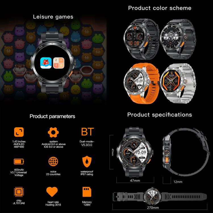 AK77 smartwatch color options in black steel, black and orange silicone, and silver steel