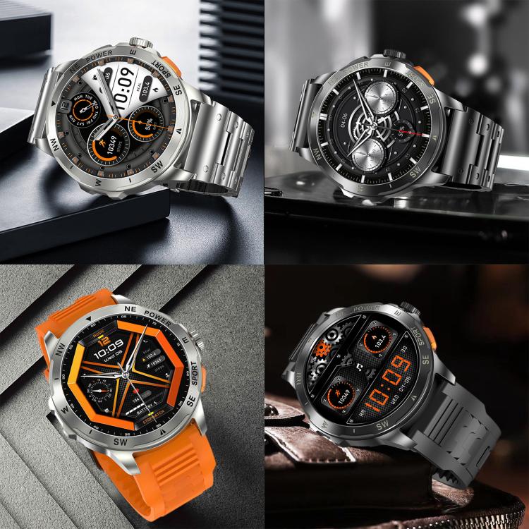AK77 smartwatch shown in silver steel, black steel and orange silicone styles