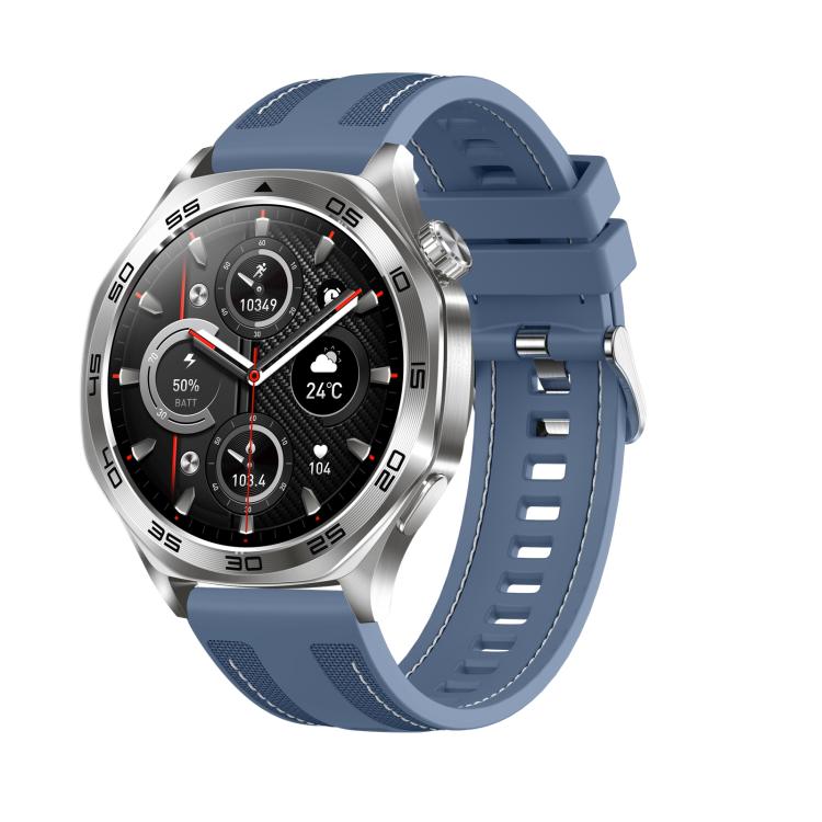 Smartwatch with a silver round case, blue silicone strap, and health and fitness display.