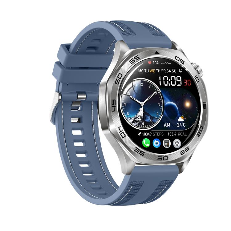 Smartwatch with a blue silicone strap, silver case, and colorful digital watch face.