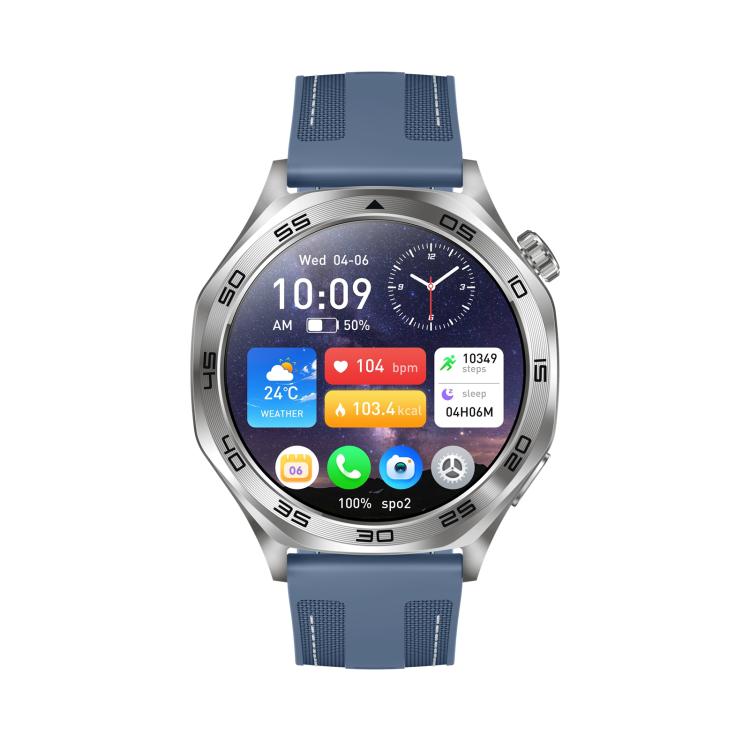 Round smartwatch with a silver bezel, blue silicone strap, and health monitoring display.