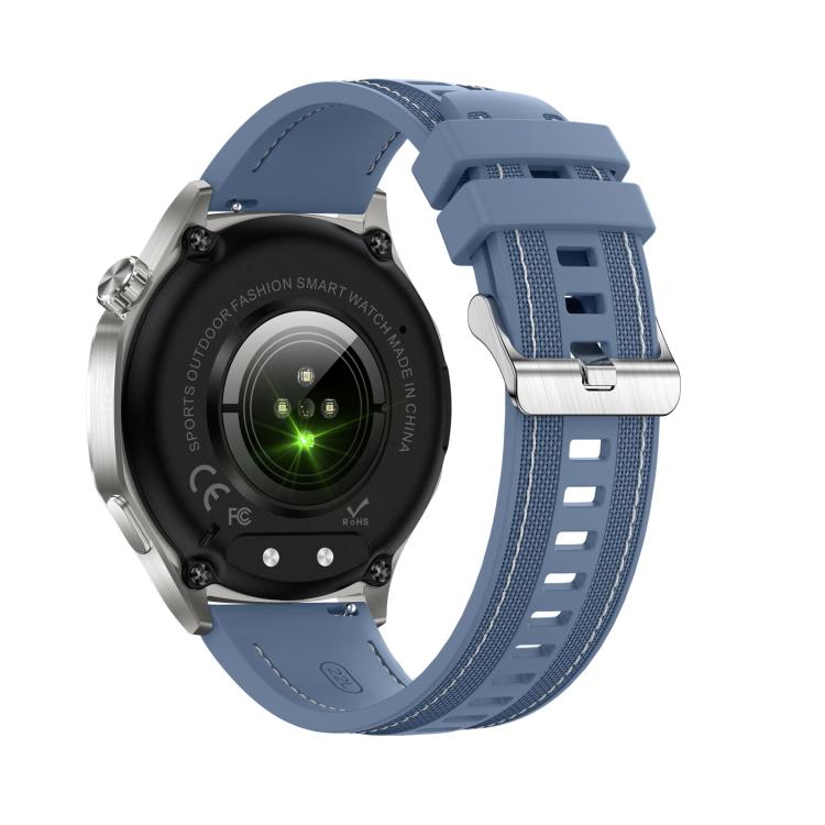 Smartwatch with a blue silicone strap, silver case, and rear heart rate sensor.