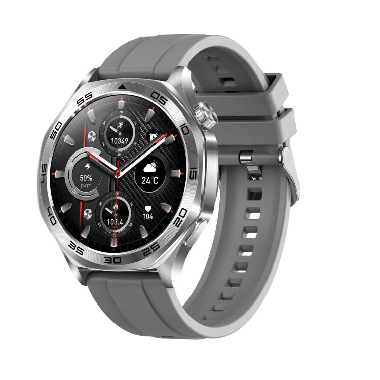 Smartwatch with a silver case, gray silicone strap, and health and fitness display.