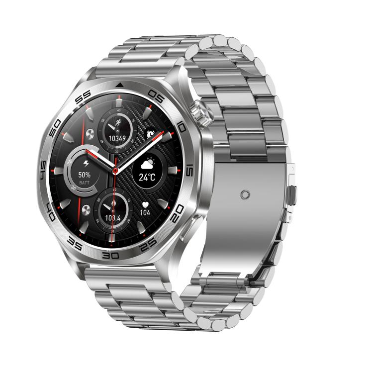 Smartwatch with a silver case and matching metal link bracelet.
