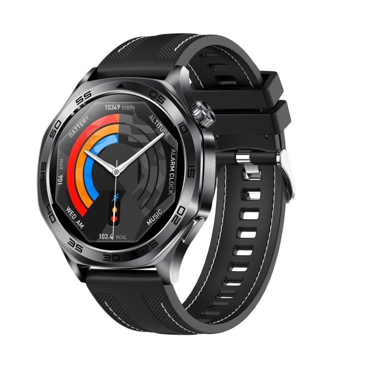 Smartwatch with a black silicone strap, dark case, and colorful activity display.