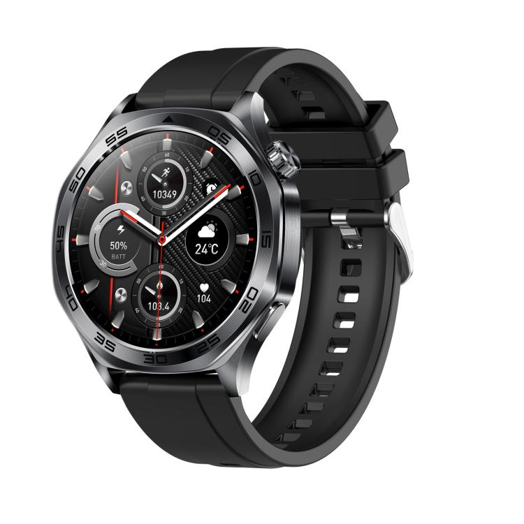 Smartwatch with a black silicone strap, dark case, and health and fitness display.