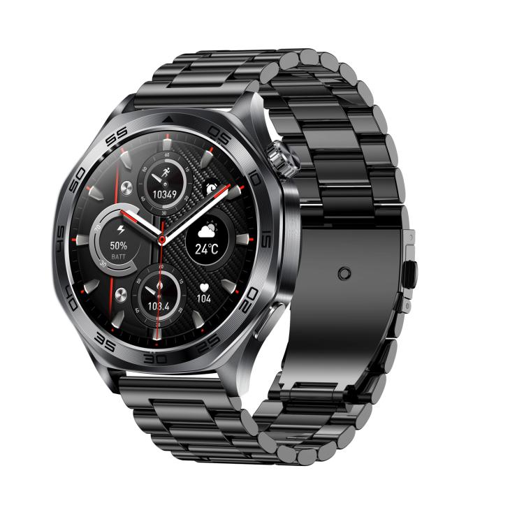 Smartwatch with a dark case and black metal link bracelet.