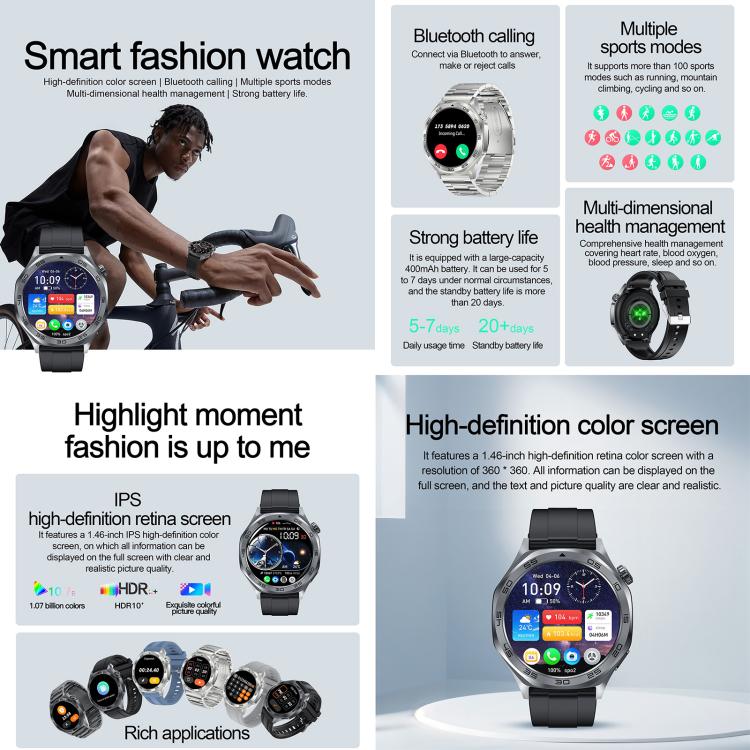 Smartwatch feature collage showing Bluetooth calls, sports modes, health tracking, and display options.