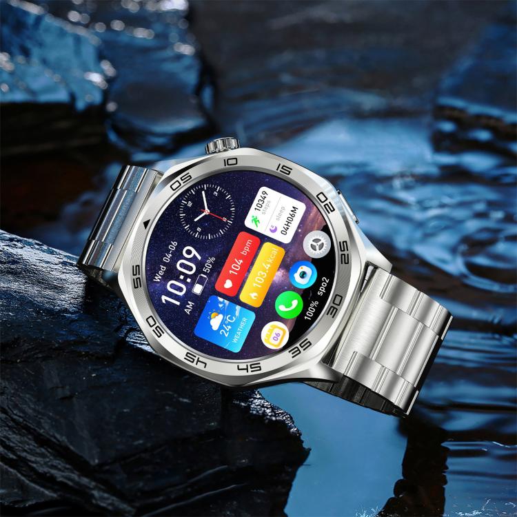 AK83 BT Call smartwatch with silver metal link band and colorful touchscreen.
