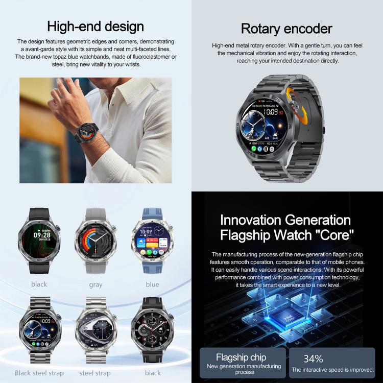 AK83 BT Call smartwatch in several color and band options, with round touchscreen and metal cases.