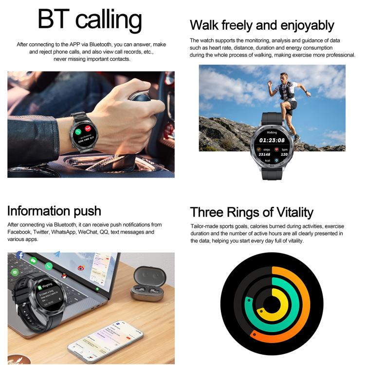 AK83 BT Call smartwatch with black band, showing call controls and activity tracking features.