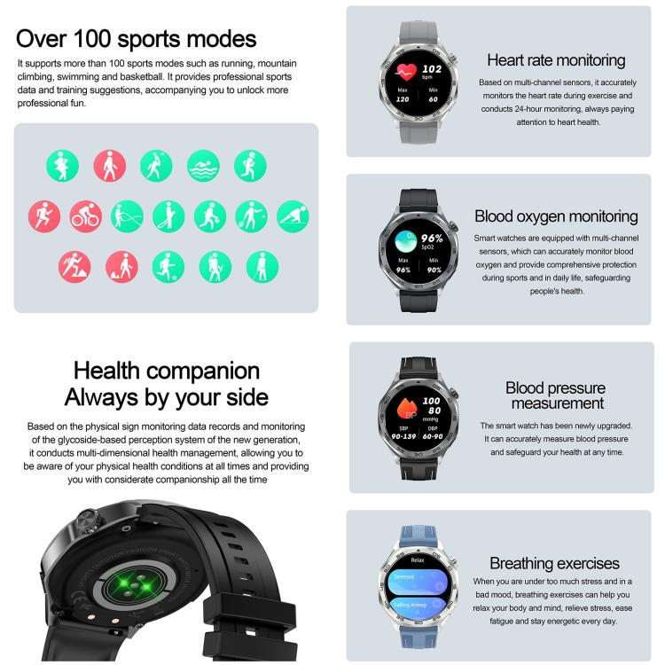 AK83 BT Call smartwatch displays for sports modes, heart rate, blood oxygen and blood pressure tracking.