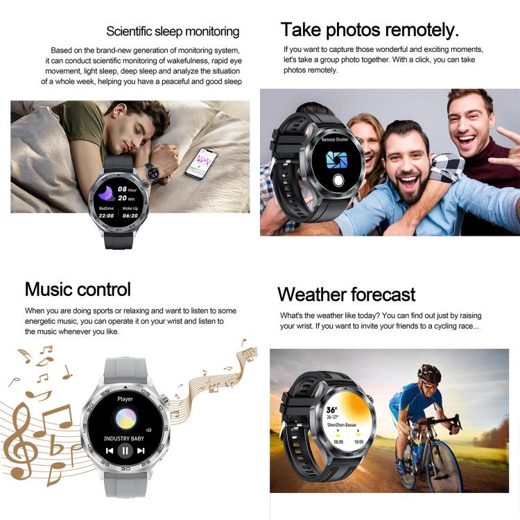 AK83 BT Call smartwatch demonstrating sleep tracking, remote camera, music control and weather display.
