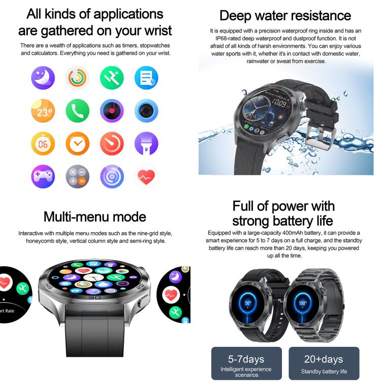 AK83 BT Call smartwatch features app icons, water resistance, menu views and battery information.