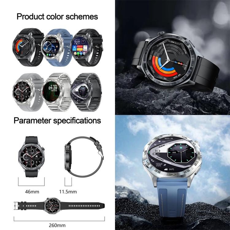 AK83 BT Call smartwatch color options and dimensions, including steel and silicone bands.