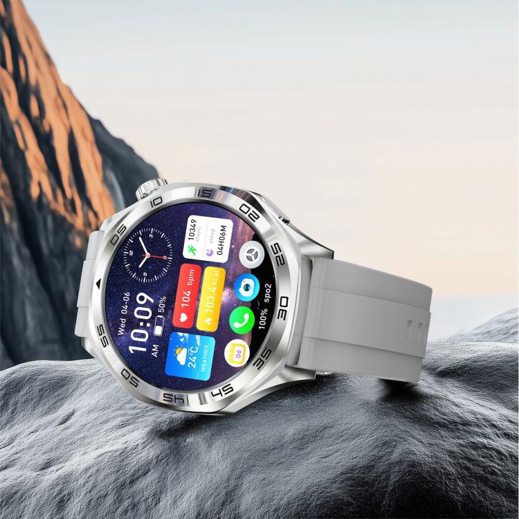 AK83 BT Call smartwatch with silver case, gray silicone strap and colorful app display.