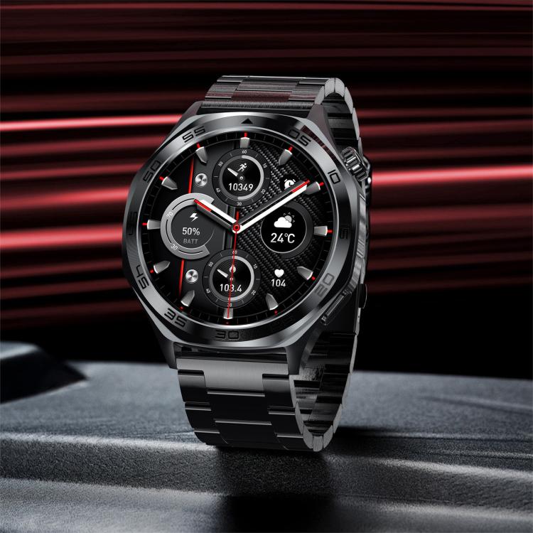 AK83 BT Call smartwatch with dark metal link band and analog-style fitness display.