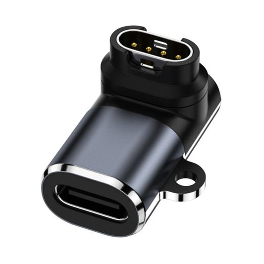 Black 90-degree xDfind watch charging adapter with a USB-C female port and four contacts.