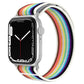 White nylon loop watch band with bright rainbow stripes on a silver smartwatch
