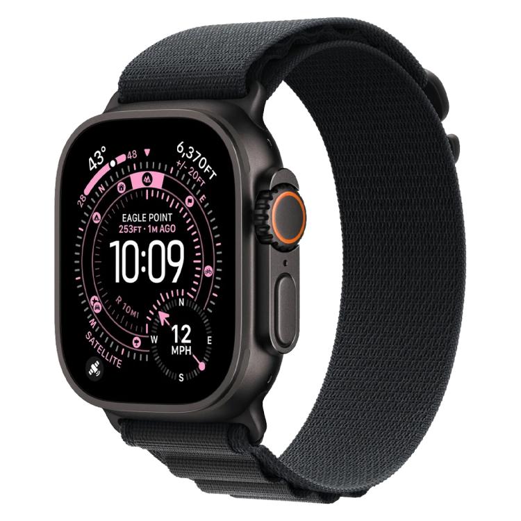 Black nylon loop watch band fitted to a black smartwatch