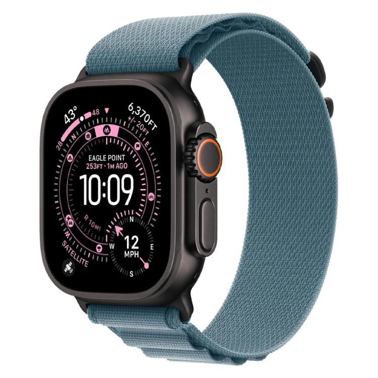 Light blue nylon loop watch band fitted to a black smartwatch