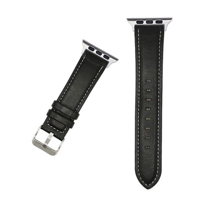Black Crazy Horse leather watch band with white stitching, silver buckle, and adjustment holes.