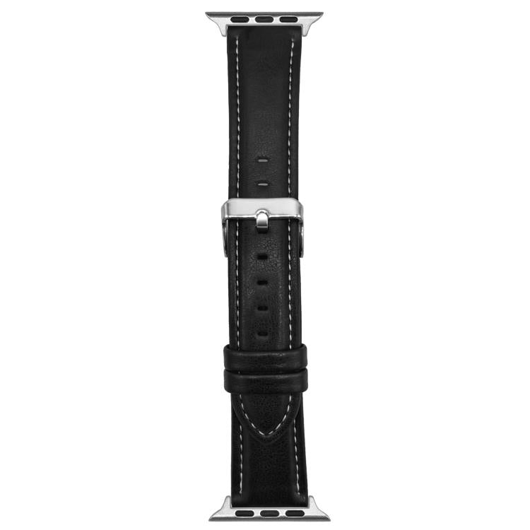 Black leather watch band shown fastened, with a silver buckle and stitched edges.