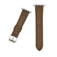 Brown Crazy Horse leather watch band with white stitching, silver buckle, and adjustment holes.