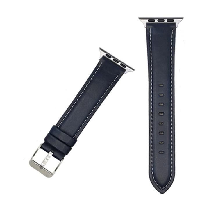 Dark blue leather watch band with white stitching, silver buckle, and adjustment holes.