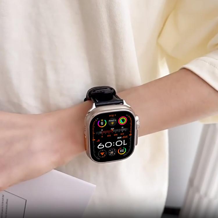 Black xDfind leather watch band worn with a smartwatch