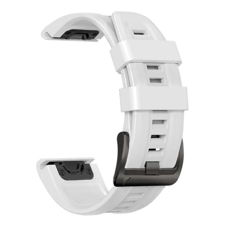 White silicone sport watch band with adjustment holes and dark buckle