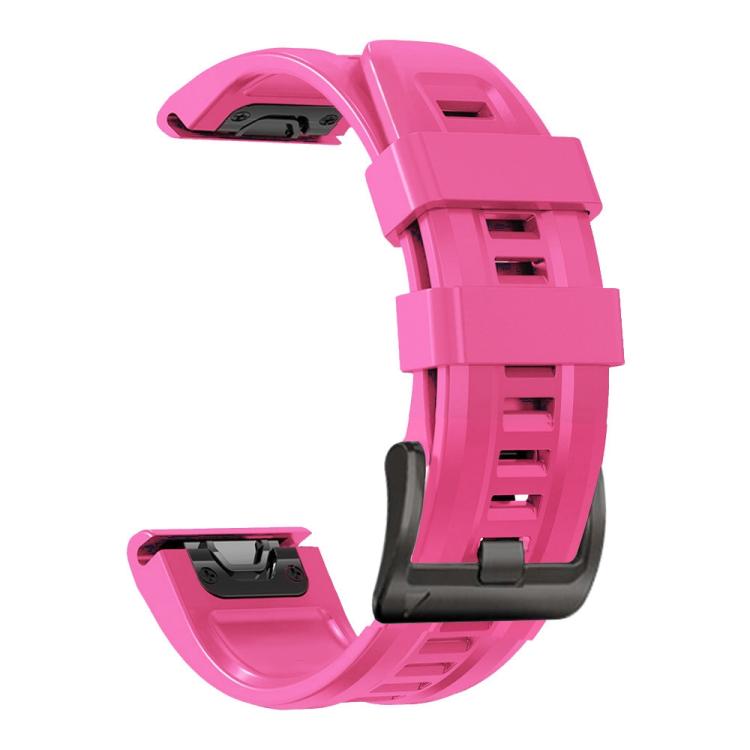 Bright pink silicone sport watch band with adjustment holes and dark buckle