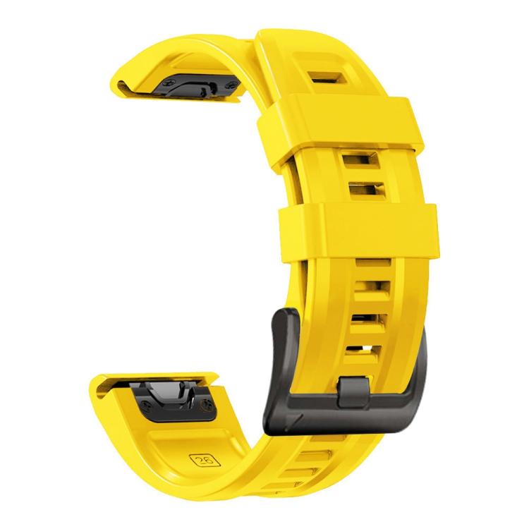 Yellow silicone watch band with a flexible strap, sizing holes and dark buckle