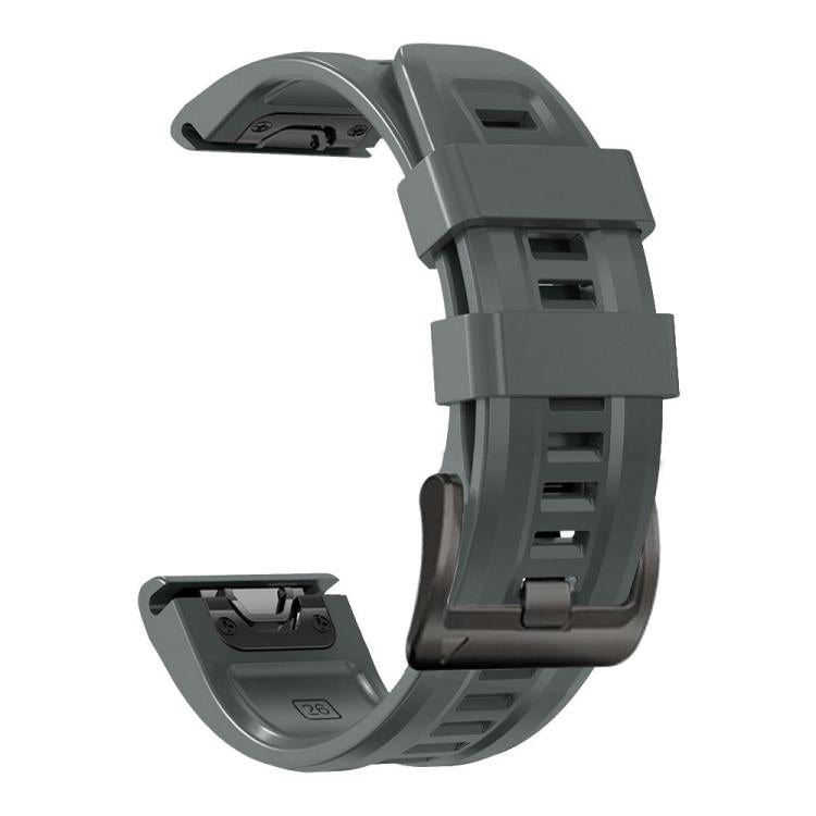 Charcoal gray silicone sport watch band with adjustment holes and dark buckle