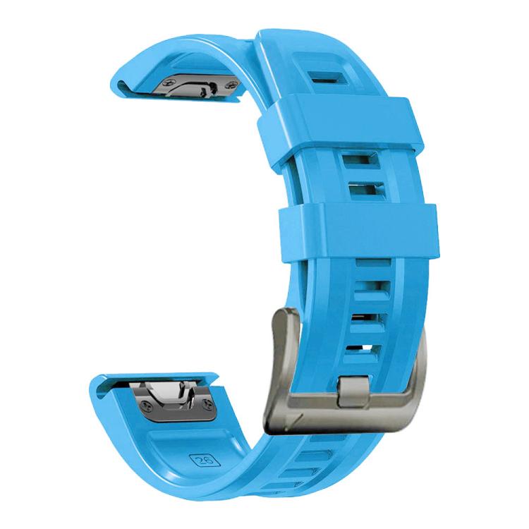 Sky blue silicone sport watch band with adjustment holes and dark buckle